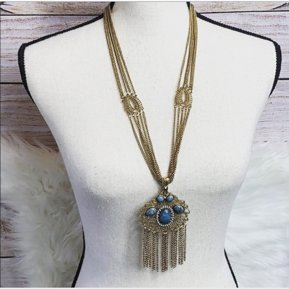 Boho Costume Turquoise and gold fringe necklace